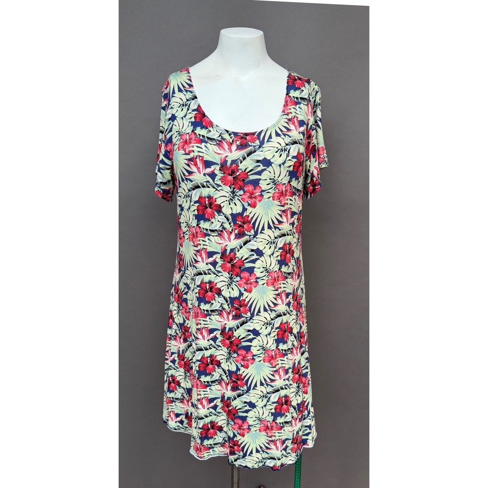 Lotus Floral Tropical Hibiscus Dress Women Large Blue Red Boho Resort Vacation